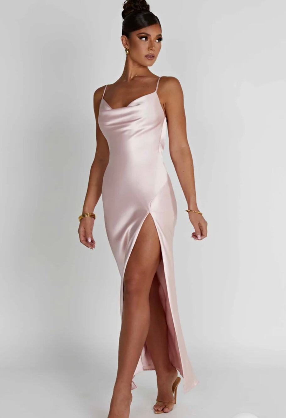 NWT Babyboo Celestina Blush Pink Satin Cowl Neck Maxi Dress Small Thigh Slit